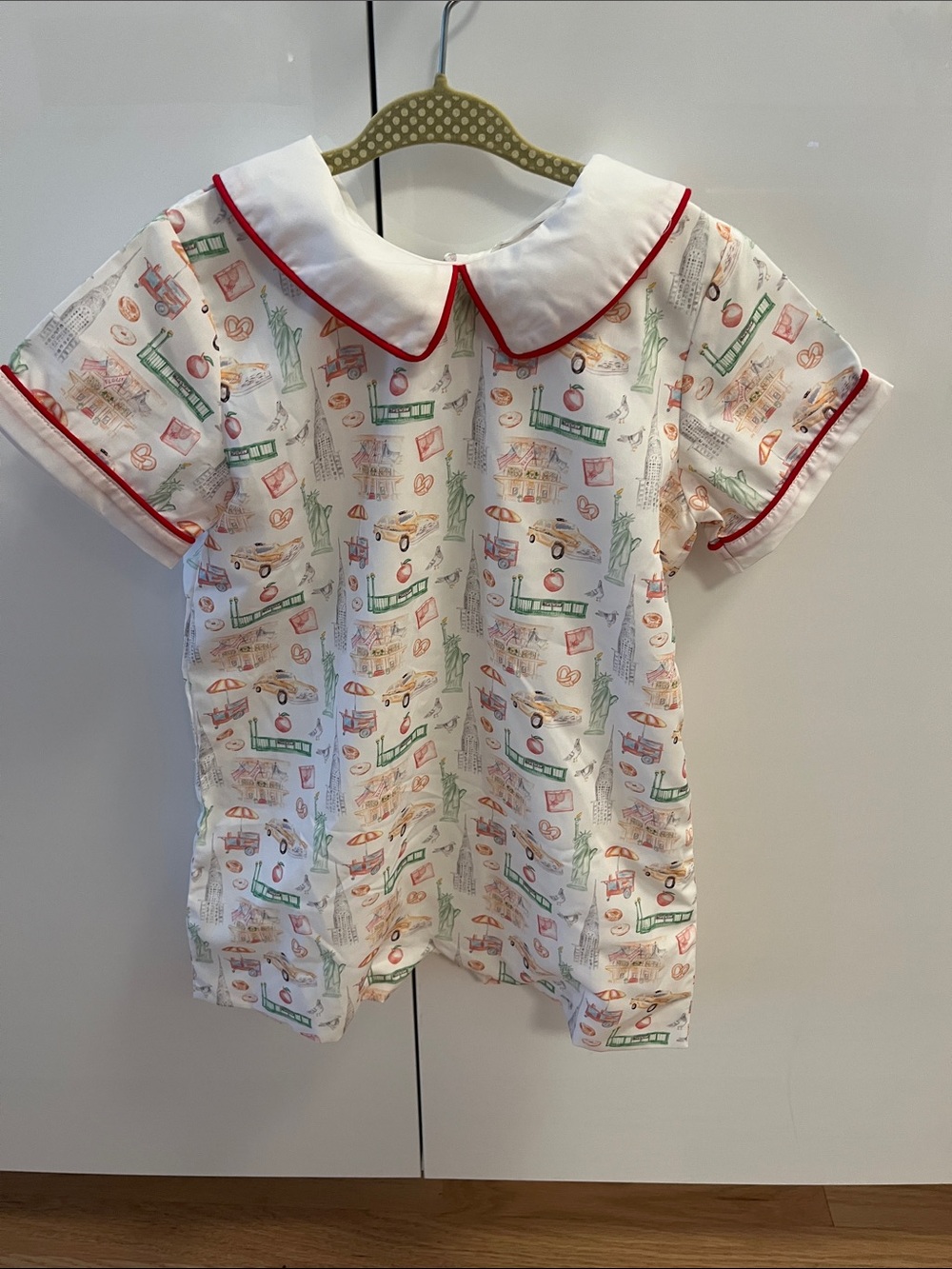 Smockingbird White Collared Jon Jon with Red Piping and Multicolor NYC Print